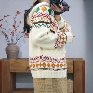 Front Zip Hooded Fair Isle Sweater Jacket