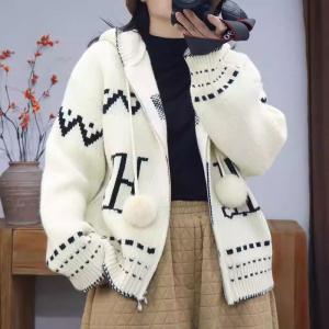 Front Zip Jacquard Knitted Hooded Jacket