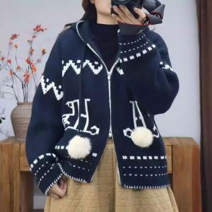 Front Zip Jacquard Knitted Hooded Jacket