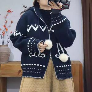 Front Zip Jacquard Knitted Hooded Jacket
