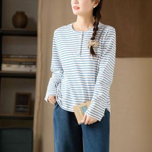 Blue Striped Casual Cotton Long Sleeves Tee