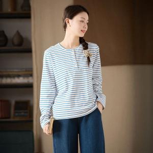 Blue Striped Casual Cotton Long Sleeves Tee