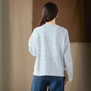 Blue Striped Casual Cotton Long Sleeves Tee