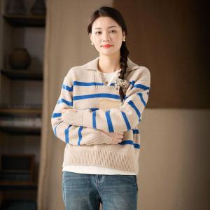 Lapel Neck Blue Striped Sheep Wool Sweater