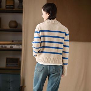 Lapel Neck Blue Striped Sheep Wool Sweater
