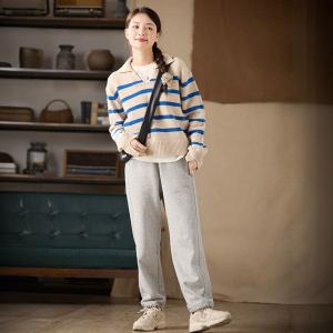 Lapel Neck Blue Striped Sheep Wool Sweater