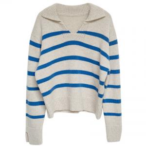 Lapel Neck Blue Striped Sheep Wool Sweater