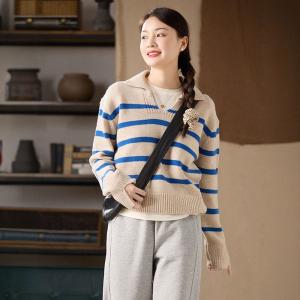 Lapel Neck Blue Striped Sheep Wool Sweater