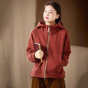 Dark Red Fleeced Lined Cotton Hooded Jacket