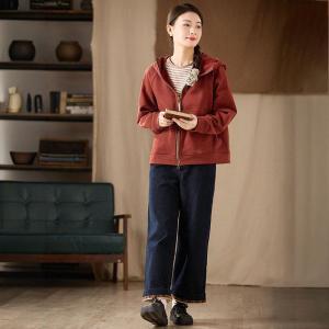 Dark Red Fleeced Lined Cotton Hooded Jacket