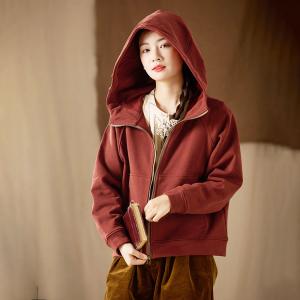 Dark Red Fleeced Lined Cotton Hooded Jacket