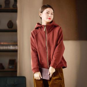 Dark Red Fleeced Lined Cotton Hooded Jacket