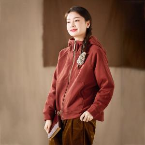 Dark Red Fleeced Lined Cotton Hooded Jacket