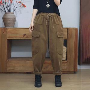 Drawstring Waist Flap Pocket Fleeced Cotton Pants