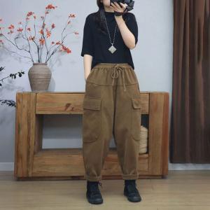 Drawstring Waist Flap Pocket Fleeced Cotton Pants