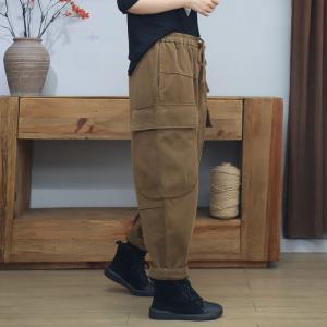 Drawstring Waist Flap Pocket Fleeced Cotton Pants