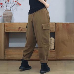 Drawstring Waist Flap Pocket Fleeced Cotton Pants