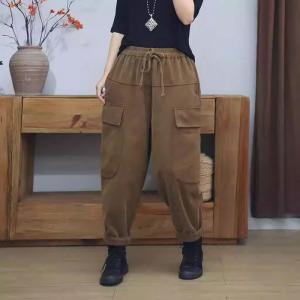 Drawstring Waist Flap Pocket Fleeced Cotton Pants