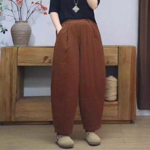High Waist Plain Corduroy Cotton Padded Pants