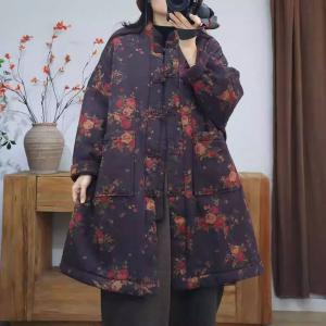 Red Floral Purple Cotton Linen Oversized Quilted Coat