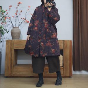 Red Floral Purple Cotton Linen Oversized Quilted Coat