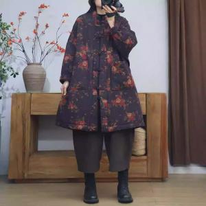 Red Floral Purple Cotton Linen Oversized Quilted Coat