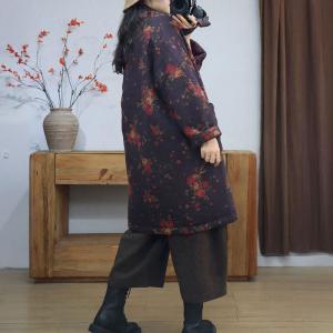 Red Floral Purple Cotton Linen Oversized Quilted Coat