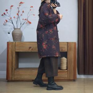 Red Floral Purple Cotton Linen Oversized Quilted Coat