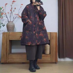 Red Floral Purple Cotton Linen Oversized Quilted Coat