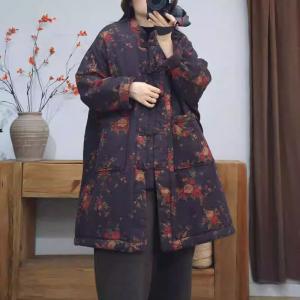 Red Floral Purple Cotton Linen Oversized Quilted Coat