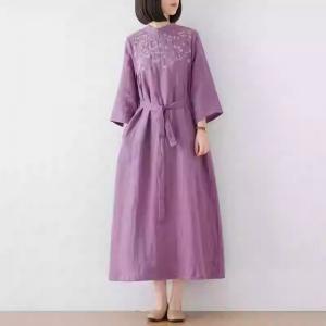 Belted Waist Loose Linen Embroidery Dress
