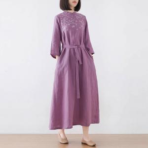 Belted Waist Loose Linen Embroidery Dress