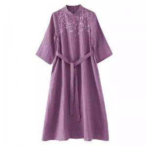 Belted Waist Loose Linen Embroidery Dress