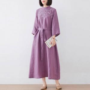 Belted Waist Loose Linen Embroidery Dress