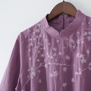 Belted Waist Loose Linen Embroidery Dress