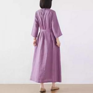 Belted Waist Loose Linen Embroidery Dress