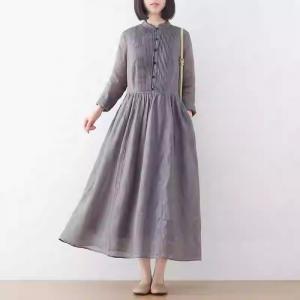 Loose Ramie Pleated High Waist Gray Dress