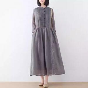 Loose Ramie Pleated High Waist Gray Dress