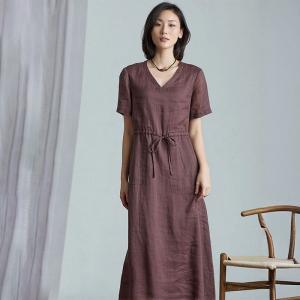 Spring V-Neck Organic Ramie Drawstring Waist Dress
