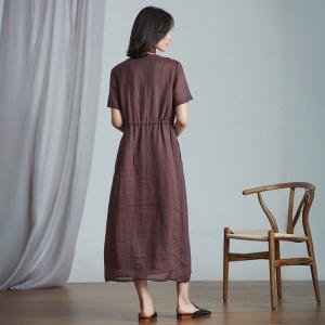 Spring V-Neck Organic Ramie Drawstring Waist Dress