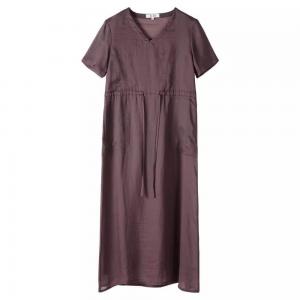 Spring V-Neck Organic Ramie Drawstring Waist Dress