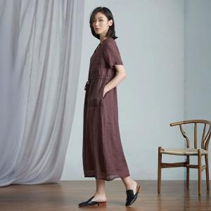 Spring V-Neck Organic Ramie Drawstring Waist Dress