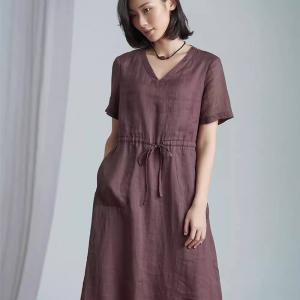 Spring V-Neck Organic Ramie Drawstring Waist Dress