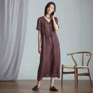 Spring V-Neck Organic Ramie Drawstring Waist Dress