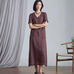 Spring V-Neck Organic Ramie Drawstring Waist Dress