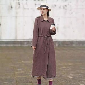 Drawstring Waist Long Sleeves Linen Trench Coat