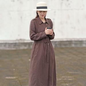 Drawstring Waist Long Sleeves Linen Trench Coat