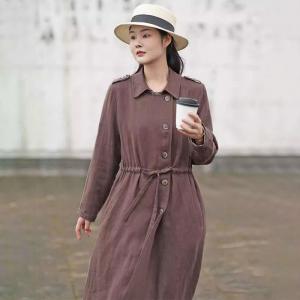 Drawstring Waist Long Sleeves Linen Trench Coat