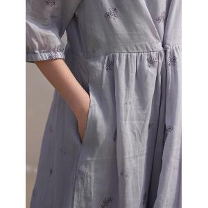 Puff Sleeves Summer Beach Ramie Embroidered Dress