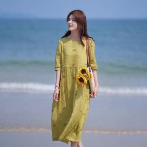 Puff Sleeves Summer Beach Ramie Embroidered Dress